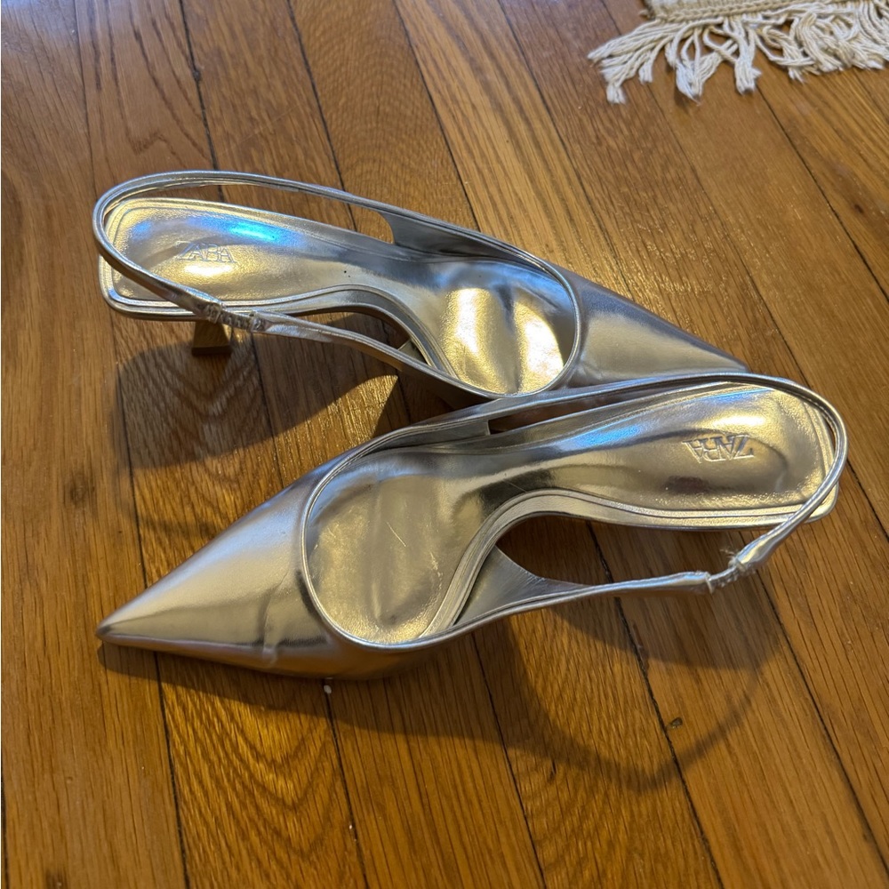 Zara Silver metallic pointed toe mules with ankle strap